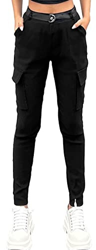 Nuofengkudu Black Stretchy Cargo Trousers Women 4 Pockets Elasticated High Waisted Skinny Leg Combat Pants Ladies Slim Fit Modern Leggings Pull on Teen Fitted Work Tights Bottoms with Belt Gothic XL