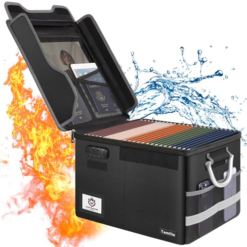 Tamfile Fireproof Document Box, Document Organiser Box with Lock, Black