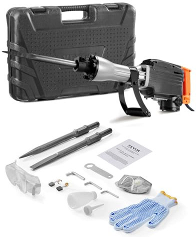 VEVOR Martillo de demolición, martillo eléctrico MAX 2200 W, resistente, triturador de hormigón de 1350 BPM, 2 cinceles con funda, color negro