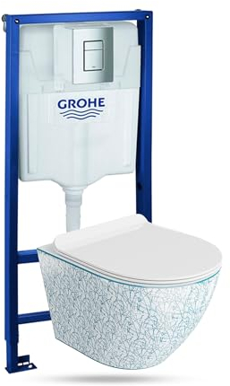 LAVITA | Élément mural Solido + WC suspendu mural Sofi Slim Kresz blanc/bleu sans bord + abattant WC SoftClose | Bouton chromé | Kit complet | Réservoir de chasse encastré | Kit complet | WC complet |