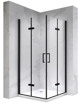 Mampara de Ducha Matilde | 80x90x180cm | REVERSIBLE | Puerta plegable | Ajuste 78,9-80,4 x 88,9-90,4cm | Perfiles Negros, Cristal transparente de 6 mm - Moments of Glass