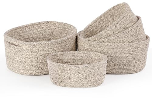 Vikcvcsc Cestini Portaoggetti in Corda di Cotone, Set di 5 Organizer Bagno, Cestini Portaoggetti Neonato, Contenitore Bagno, Ceste con Manici, Storage Baskets, Deserto