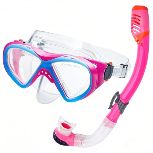 Attrezzatura da snorkeling per bambini, set da snorkeling per bambini dai 5 ai 15 anni, maschera da nuoto in vetro temperato e set da snorkeling con vista panoramica a 180 gradi
