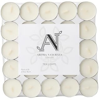 Aroma Naturals London Unscented Tealight Candles Pack of 50 | 4-Hour Slow Burn Time | Standard Size D3.8 x H1.45cm | White Wax Candlelight | Aluminium Cups Tea Lights | Bag of (50) Halloween Candles