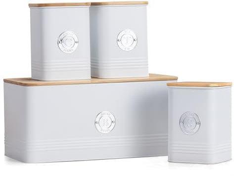 EHC Set of 4 Tea, Sugar, Coffee & Bread Bin Canisters Set, Kitchen Storage Jars with Lids, Containers Canisters Jars Set of 4, White