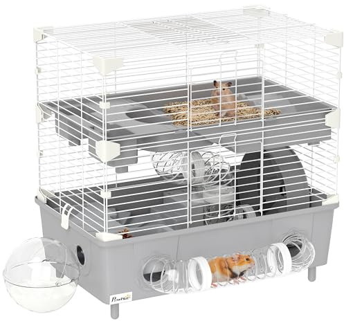 PawHut 2-Tier Hamster Cage, Small Animal Cage with Running Wheel, Tubes, Sand Bathroom, Water Bottle, Hamster Habitat with Accessories, 17.5 x 11 x 17, Gray