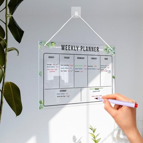 Gettimore Calendario mensual acrílico de borrado en seco de 12 x 8 pulgadas, tablero de planificación transparente con 6 marcadores de color