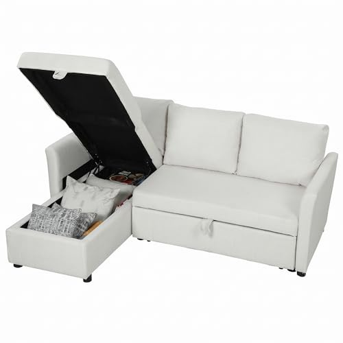 HOMCOM Divano Letto 3 Posti con Chaise Longue Convertibile, Divano Angolare Estraibile con Penisola, Vano Portaoggetti e 3 Cuscini Sfoderabili, in Tessuto Effetto Lino, 192x148x86cm, Crema