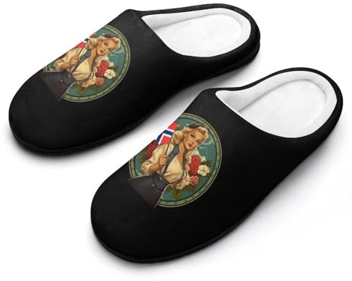 Norwegian Bunad Girl Flag Mens Cotton Slippers Lightweight House Slipper Non-Slip Shoes Closed Toe for Bedroom Bath