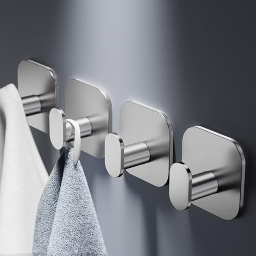 Aikzik Handtuchhalter ohne Bohren, 4er Set, Badezimmer Handtuchhalter aus Edelstahl, Klebehaken extra stark, Selbstklebend Haken für Bad und Küche, Silber