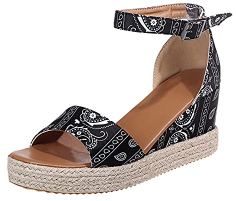 Sandaletter kilklack platå hög, läder espadriller damer PU kilsandaler halkfria sommarskor plattform ankelremmar sandaler justerbar rem semestersandaler