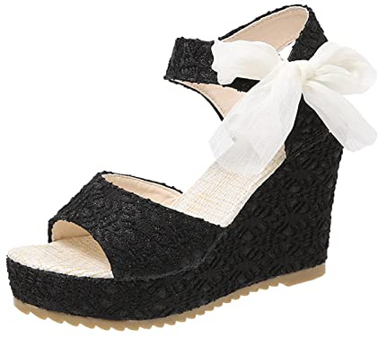 Sandali Estivi Donna Comodi Con Zeppa Ortopedici Sandali Estivi a Punta Con Zeppa Alta Nastro Donna e Tacco a Spillo Tacco Molla da Scarpe (Black 42)