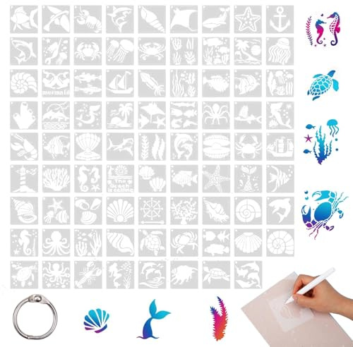 JOVYTH 80 Pezzi Set Stencil Animali, Stencil Riutilizzabile per Pittura Bambini, 7,6x7,6cm Stencil da Dipingere, DIY per Album e Regalo, Animali Marini