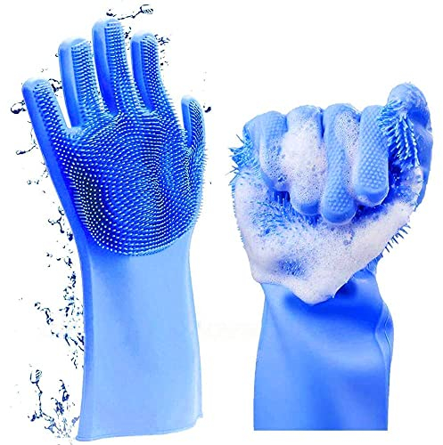 Louis Donne Silicone Gloves, Reusable Wash Scrubber, Heat Resistant Cleaning Tool, Great for Household, Dishwasher, Washing Car, Pet Hair Care and Massage - Blue a Pair