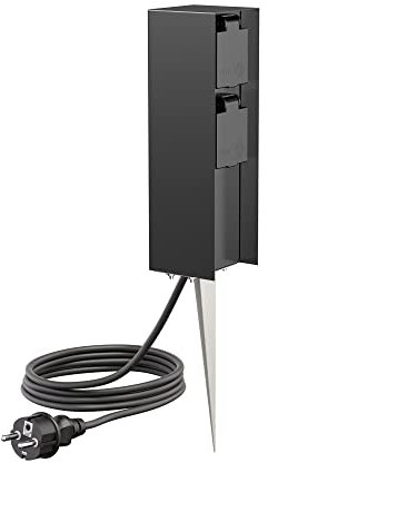 ledscom.de Columna de Enchufe para jardín POMI con Pica de Tierra y 2m de Cable para Exterior, IP44, 2 Veces, Negro, Angular, 23cm