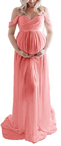 Vestido de maternidad para fotografía, monocolor, hombros descubiertos, de gasa, con parte delantera dividida, vestido largo de maternidad para sesión de fotos, rosa oscuro, M