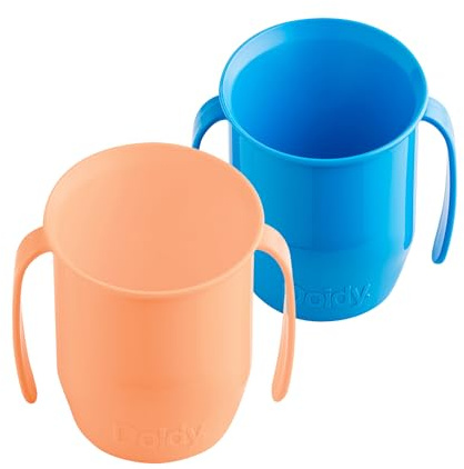Doidy Cup, Open Cup for Training Baby 6 Months-3 Years, 200ml, Slanted Weaning Cup with Handles for Learning to Drink, BPA Free, 2 Pack (Orange/Blue)