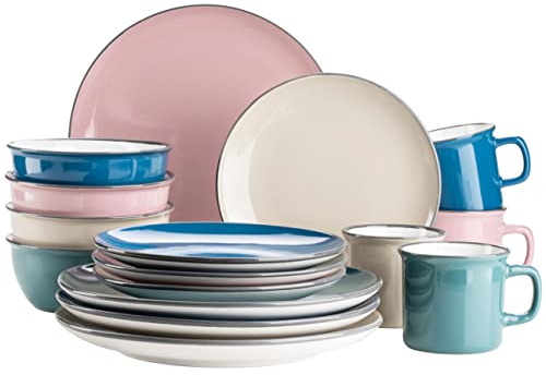 MÄSER Maila, Buntes Vintage-Geschirr-Set aus Keramik für 4 Personen, modernes Geschirrset im Retro-Look, Steinzeug, Petrol/Altrosa/Beige/Dunkelblau