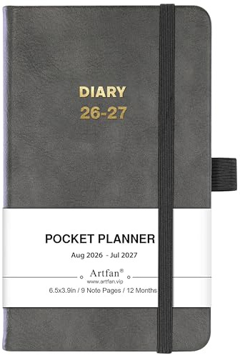 Artfan Pocket Diary 2026-2027 A6 Week to View, Grey Leather Cover | Academic Diary Small from August 2026 to July 2027 with Inner Pocket, Pen Holder, Elastic Closure