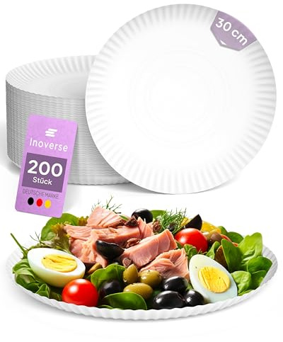 Inoverse papptallrikar stora 30 cm runda, 200 stycken, engångstallrikar
