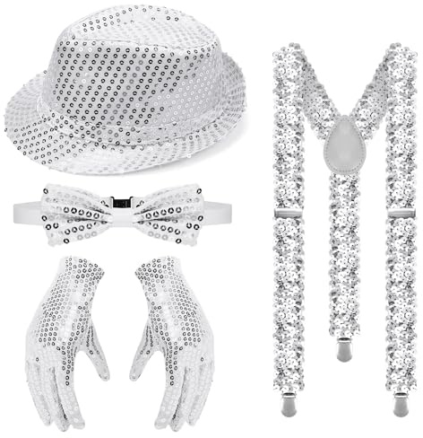 Paillettes, Cappello, Bretelle e Guanti Argentati per Costumi Discoteca Anni 70, Papillon, Spettacoli di Danza, Carnevale, Feste, Jazz e Hip-Hop