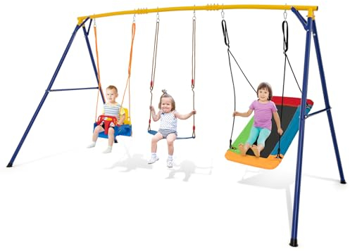 KOMFOTTEU Portique Balançoire, 3 Types de Sièges, Enfants 3-10 Ans