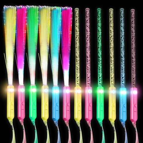 Getyjoe Leuchtstäbe LED Knicklichter Partyzubehör, 12 Stück Acrylblasen Leuchtstäbe Glasfaser Leuchtstab Set, Glow Sticks 3 Modi Blinkende für Kindergeburtstag Weihnachten Party Hochzeit Konzert