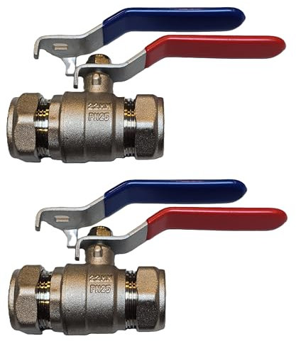 TC Pack of 2 x 28mm Lever Ball Valve Full Bore Compression Isolation Valve Red/Blue Dual Handle Shut Off Isolating Valve Full Flow - WRAS Approved