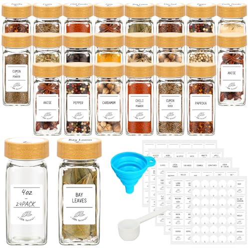 Pots à épices en verre de 120 ml avec couvercles en bambou, récipients à épices carrés de 4 oz avec couvercles shaker, étiquettes, cuillère de mesure et tiroir d'armoire en silicone