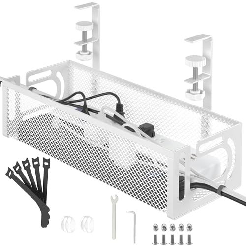 Plateau De Gestion des CâBles sous Le Bureau sans PerçAge, Plateau De CâBles en Maille MéTallique pour Organisateur De Fils, Accessoires De Bureau ，Blanc - 1 Pack