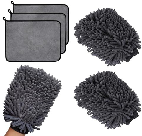 Rixotix 5 Stück Autopflege Set mit 3 Stück Mikrofasertücher Auto & 2er Mikrofaser Waschhandschuh, Extra Saugstark Kratzfrei & Schonend, zum Auto Polieren, Haushalts Autowäsche Trocknen, 40x30cm