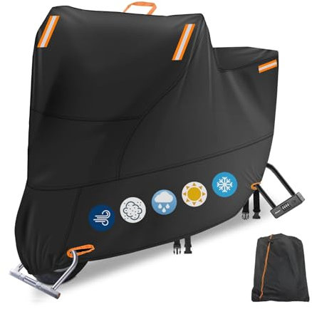 Waterproof Motorcycle Cover Outdoor, Motorcycle Scooter Moped Rain Dust Protection Cover with 4 Reflective Strips and 2 Windproof Buckles, 2 Lock-Holes for Most Motorcycles (3XL: 104 x 35 x 49 inch)