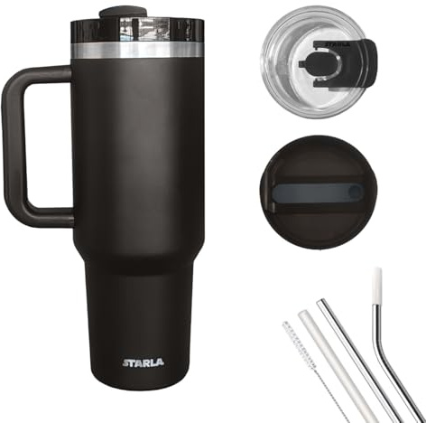 STARLA Isolerad mugg med sugrör och handtag på 1,2 l, 2 x lock, läckagesäker, rostfritt stål, kaffemugg, vattenkopp, resemugg med handtag, S, svart