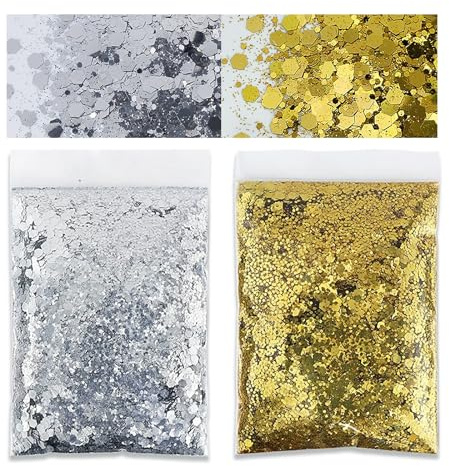 Holographic Chunky Glitter,100 g Sparkling Fine Resin Glitter Powder Multi Size Metallic Flake Sequins for Nail Art Face Eyeshadow Body Hair Festival Makeup Craft Gold + Silver