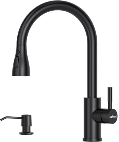 APPASO Rubinetto da cucina con distributore di detersivo, rubinetto da cucina estraibile ad alta pressione, girevole a 360°, miscelatore con 2 tipi di getto, miscelatore monocomando per cucina con