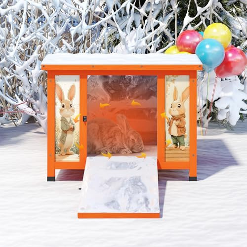 Coziwow 25 Insulated Cat House Bunny Hutch for Outdoor & Indoor Use - Solid Wood Rabbit Cage with Winter Warm Liner, Lightweight Weatherproof Shelter for Cats, Rabbits, Small Animals (Orange)