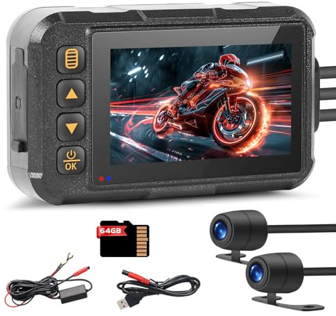 Motorcycle Dash Cam Screen, Front and Rear Dual Cameras for Motorcycle with 24/7 Parking Mode, IP67 Waterproof, Wide Angle, HDR, G-Sensor, Loop Recording, Free 64GB TF Card