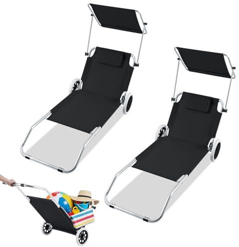 Ollewiellan 2 x strandstol med hjul, soltak, aluminium, strandstol, vikbar, lätt upp till 100 kg, justerbar rostfri rullstol, utomhus, liggstol, transporthjälp för strand, svart