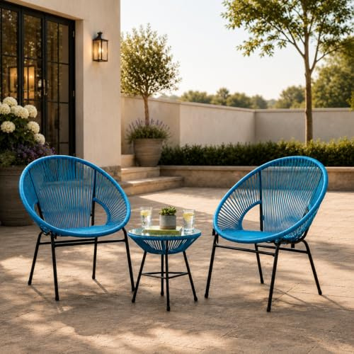 Emirates Living 3 Piece Acapulco Bistro Set Blue – Outdoor Patio Furniture Set with 2 Steel Rope Chairs & Glass Top Coffee Table for Garden, Balcony, Terrace, Conservatory & Poolside