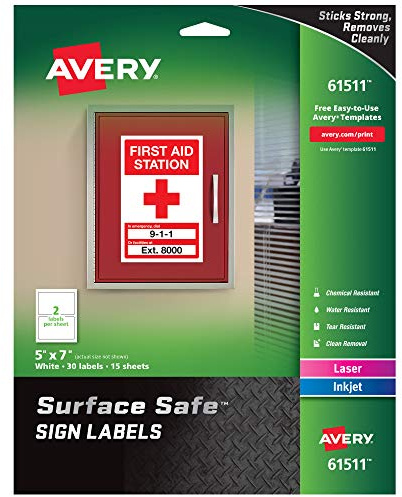 Avery Printable Warning Signs, 5 x 7, Water/Chemical Resistant, 30 Removable Labels (61511)