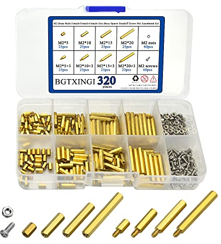 BGTXINGI 320Pcs M2 Messing-Abstandshalter, Messing-Muttern-Sortiment, mit Edelstahlschrauben-Muttern, Set (Messing M2)