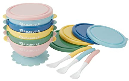 Badabulle Funcolor Bowls - Set aus 5 Breischalen & 3 Babylöffel, hermetischer Verschluss, rutschfester Saugnapf