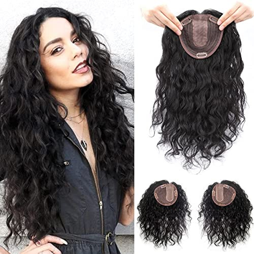 Eree Hair Topper per capelli ricci soffici da donna, 12,7 x 14 cm, con base in seta a forma di U, per capelli umani, in tinta naturale, ondulato, parte sinistra, colore nero