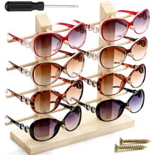 XAVSWRDE Présentoir de Lunettes Porte en Bois 35*9*29.5cm Support d'Affichage de Lunettes de Soleil 4 Couches Présentoir à Lunettes de Soleil Antidérapant avec Tournevis pour Ranger des Lunettes