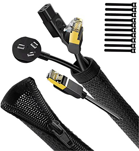 UPXDUMI 2pcs 1m Cable Tidy Zip Sleeve for PC/TV, Desk Management Organisers, Wire Tidy Loom Tube Cord Wrap Protector with 10pcs Reusable Cable Ties for Home, Office, Black
