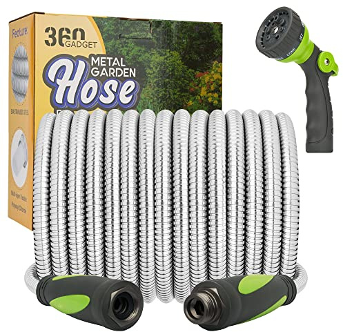 360 GADGET Garden Hose - Water Hose 50 FT with Swivel Handle & 8 Function Nozzle, Flexible, Heavy Duty, No Kink, Lightweight Metal Hose for Outdoor, Yard, 304 Stainless Steel
