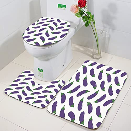 Rutschfeste Badematten 3 teiliges Set,Aubergine, lecker und lustig Auberginen Kid Friendly Zeichnung nahrhafte Ma,Hohe Wasseraufnahme, weiche Mikrofaser, WC-Vorleger, WC-Sockelmatte, maschinenwaschbar