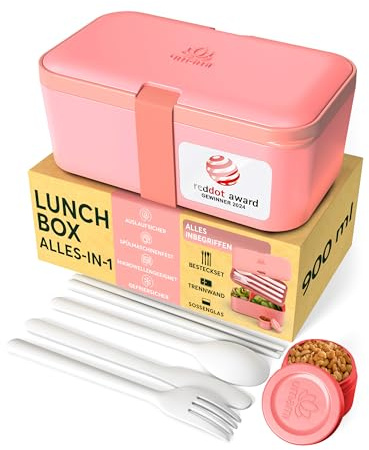 Umami Bento Lunch Box, Couverts & 2 Pots à Sauce Inclus, Boîte Repas Encastrable, Lunchbox Micro-Ondable, Boîte à Lunch Adulte Compartimentée, Bento Box, Rose Corail, 900 ml
