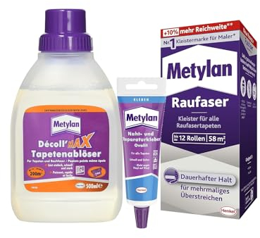 Metylan Raufaser, Tapetenkleister für Raufasertapete (1x360g) & Metylan Naht- und Reparaturkleber (1x60g) & Metylan Tapetenablöser Aktiv-Konzentrat, löst problemlos (1x0,5l)