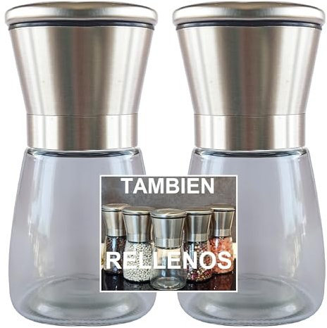 Molinillo de Pimienta, Empresa Nacional, Molinillo Especias 160ML x2, Molino Pimienta, Pimentero Salero Especias, Grano Ajustable, Núcleo Cerámico, Inox y Cristal, Rellenos y Vacíos.